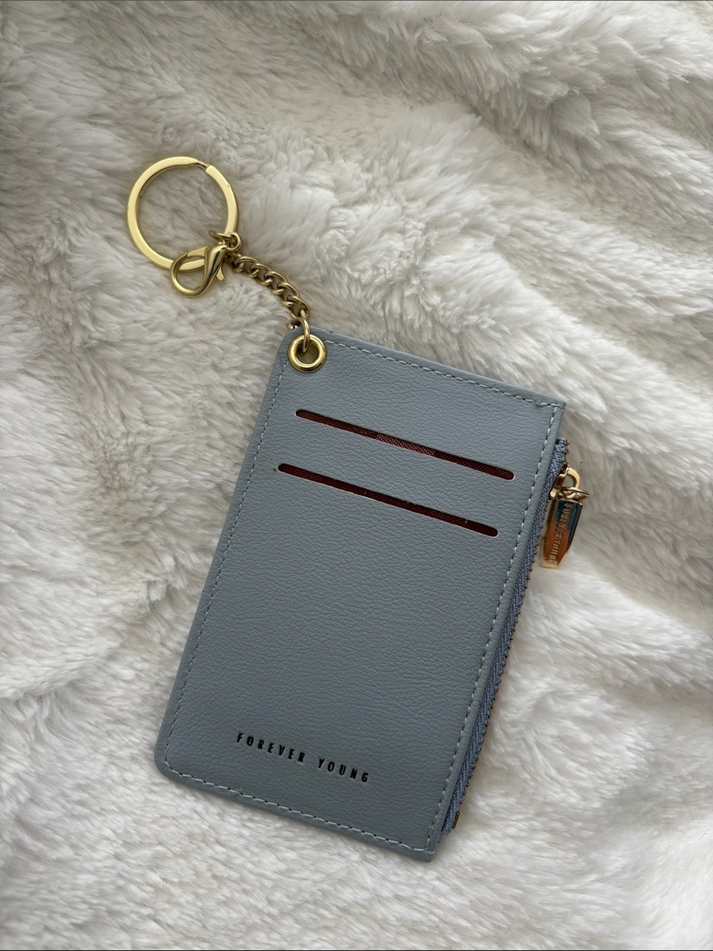 Forever Young Light Blue/Grey Cardholder Keychain with Gold Accent